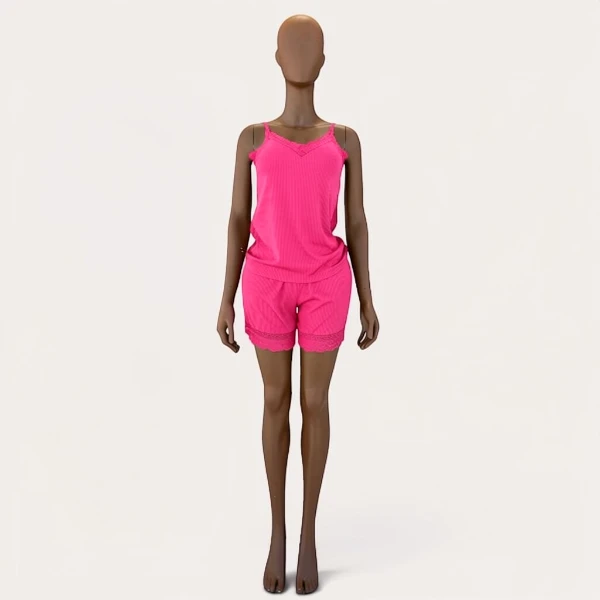 Ribbed Cotton Lace-Trim Shorts Set